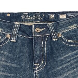 New Miss Me Bootcut Blue Jeans Womens 31 x 33 Rhinestones Distressed Whiskering